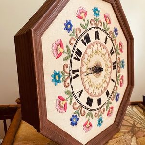 VINTAGE EMBROIDERED CLOCK with Wood Frame